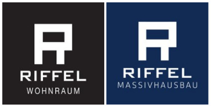 Zwei Logos: Links ein schwarzes mit weißem "R" und "RIFFEL WOHNRAUM", rechts ein blaues mit weißem "R" und "RIFFEL MASSIVHAUSBAU".